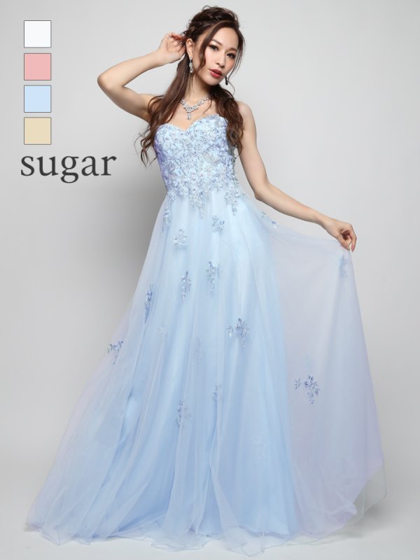 【Lip line/リップライン】フラワー刺繍/ Aライン/ チュール/ ベア/ ロング/ キャバドレスlong/ブルー
