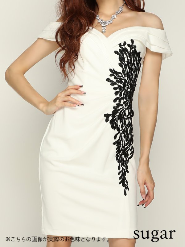 画像4: 【Lip line/リップライン】刺繍デザイン/ストレッチ/オフショル/タイト/ミニドレス /キャバドレス[HC03] (4)