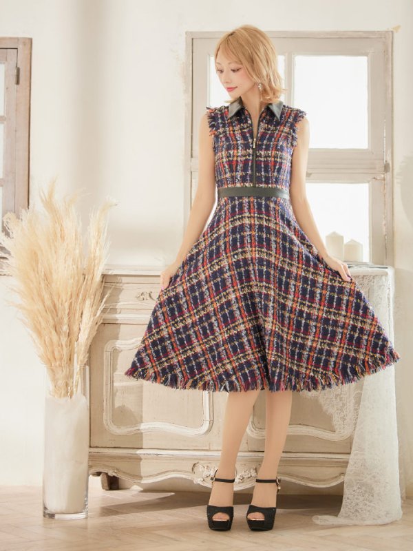 画像8: 門りょうちゃん着用☆sugar限定カラー☆Lサイズあり【DEA./ディア】襟フロントジップ/ ツイード/ ミディアム丈/ ひざ丈/ ミニドレス/ フレア/キャバドレス【OF08】 (8)