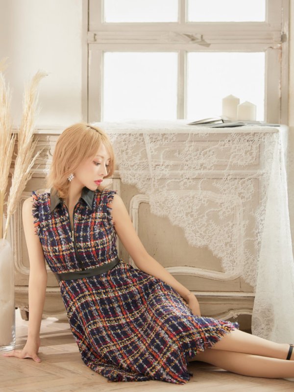 画像10: 門りょうちゃん着用☆sugar限定カラー☆Lサイズあり【DEA./ディア】襟フロントジップ/ ツイード/ ミディアム丈/ ひざ丈/ ミニドレス/ フレア/キャバドレス【OF08】 (10)