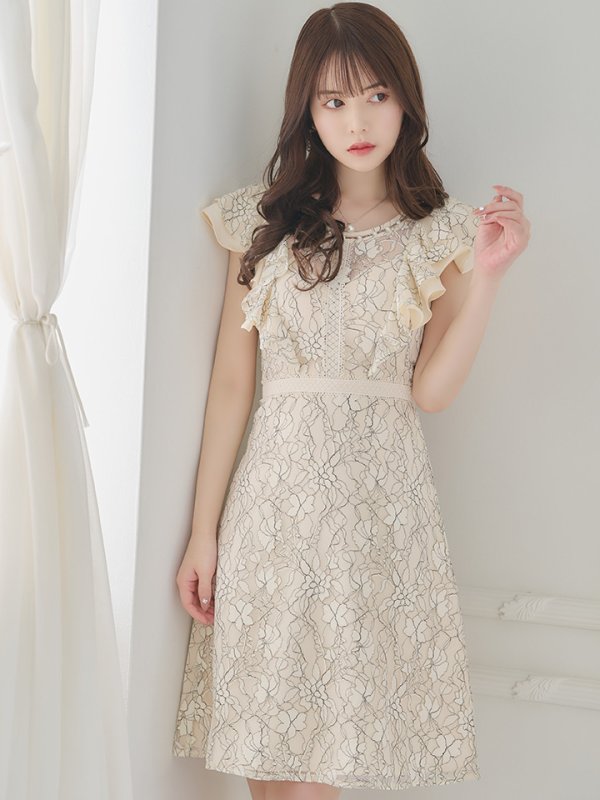 画像2: Lサイズあり【DEA./ディア】ワンピース/ 総レース/ パール/ フリル袖/ 袖あり/ 膝丈/ フレア/ミディアム/ キャバドレス【OF08】 (2)