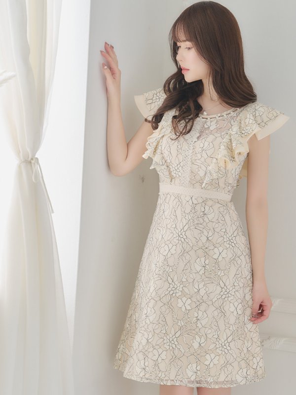 画像5: Lサイズあり【DEA./ディア】ワンピース/ 総レース/ パール/ フリル袖/ 袖あり/ 膝丈/ フレア/ミディアム/ キャバドレス【OF08】 (5)