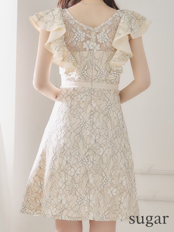 画像9: Lサイズあり【DEA./ディア】ワンピース/ 総レース/ パール/ フリル袖/ 袖あり/ 膝丈/ フレア/ミディアム/ キャバドレス【OF08】 (9)