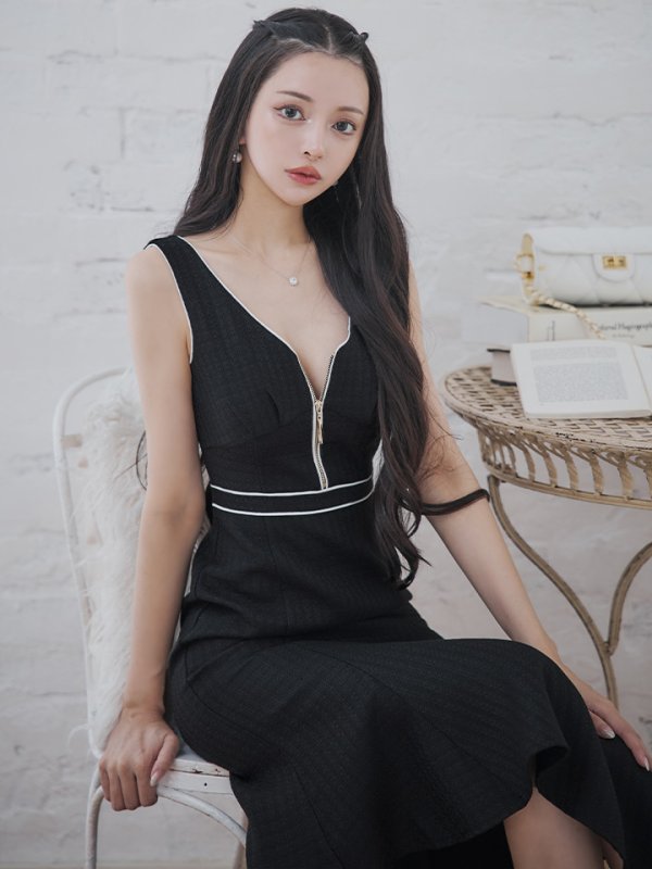 画像5: XS-Lサイズあり【DEA./ディア】スプリングツイード/ マーメイド/ アシンメトリー裾/ ジップ/ タイト/ ミディアム丈/ ワンピース/ キャバドレス【OF08】 (5)