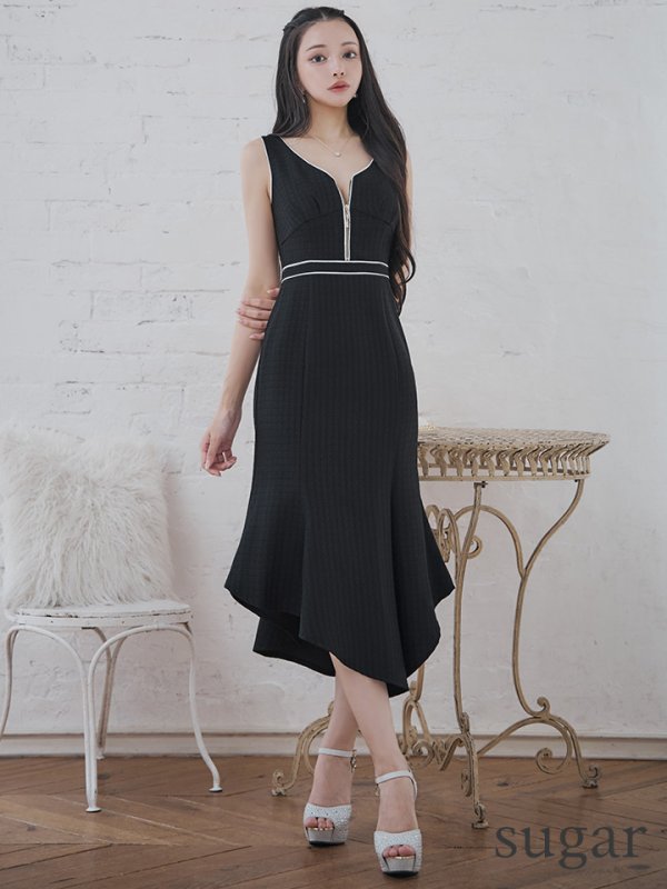 画像7: XS-Lサイズあり【DEA./ディア】スプリングツイード/ マーメイド/ アシンメトリー裾/ ジップ/ タイト/ ミディアム丈/ ワンピース/ キャバドレス【OF08】 (7)