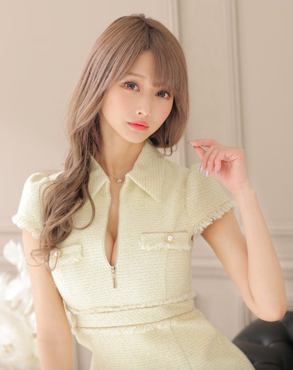 画像7: XS-Lサイズあり【DEA./ディア】ジッパー/ 襟付き/ 半袖/ 袖あり/ スプリングツイード/ タイト/ ミニドレス/ キャバドレス【OF08】 (7)