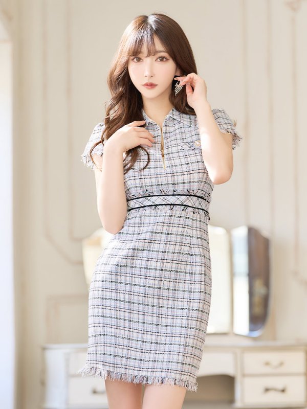 画像2: XS-Lサイズあり【DEA./ディア】ジッパー/ 襟付き/ 半袖/ 袖あり/ スプリングツイード/ タイト/ ミニドレス/ キャバドレス【OF08】 (2)