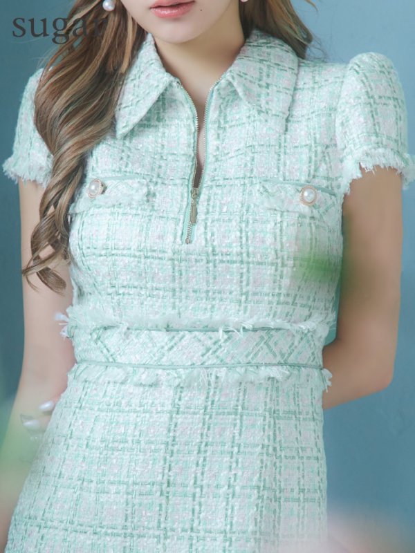 画像10: XS-Lサイズあり【DEA./ディア】ジッパー/ 襟付き/ 半袖/ 袖あり/ スプリングツイード/ タイト/ ミニドレス/ キャバドレス【OF08】 (10)