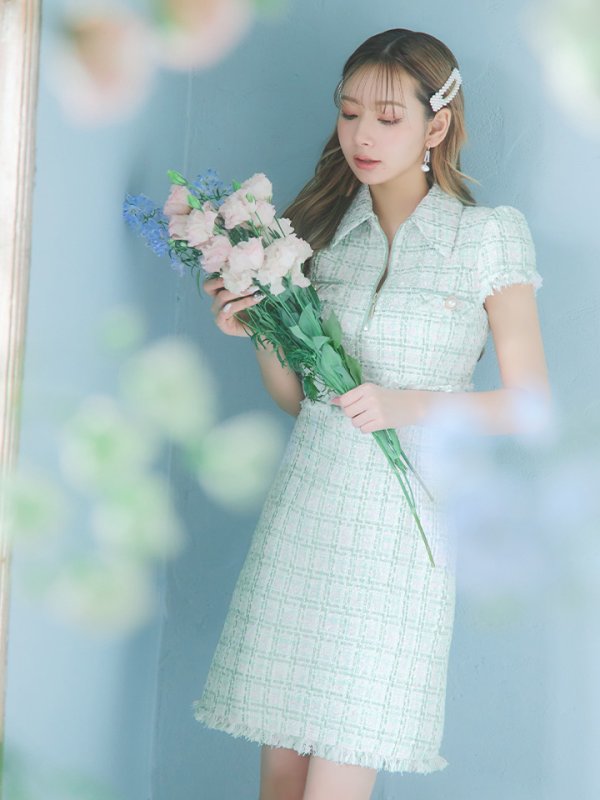 画像4: XS-Lサイズあり【DEA./ディア】ジッパー/ 襟付き/ 半袖/ 袖あり/ スプリングツイード/ タイト/ ミニドレス/ キャバドレス【OF08】 (4)