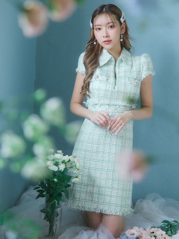 画像5: XS-Lサイズあり【DEA./ディア】ジッパー/ 襟付き/ 半袖/ 袖あり/ スプリングツイード/ タイト/ ミニドレス/ キャバドレス【OF08】 (5)