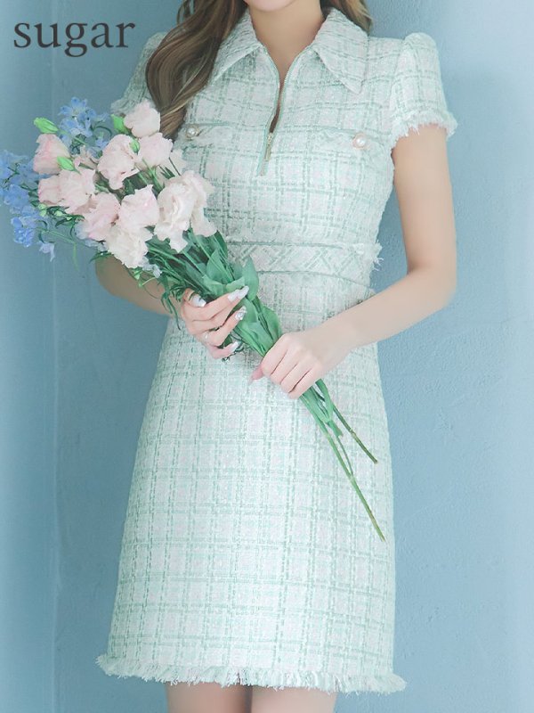 画像8: XS-Lサイズあり【DEA./ディア】ジッパー/ 襟付き/ 半袖/ 袖あり/ スプリングツイード/ タイト/ ミニドレス/ キャバドレス【OF08】 (8)