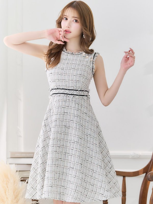 画像2: Lサイズあり【DEA./ディア】スプリングツイード/ フレア/ ミディ丈/ ひざ丈/ ミディアムドレス/ ワンピース/ キャバドレス【OF08】 (2)