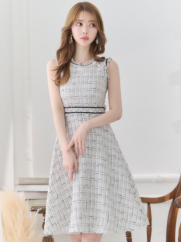 画像6: Lサイズあり【DEA./ディア】スプリングツイード/ フレア/ ミディ丈/ ひざ丈/ ミディアムドレス/ ワンピース/ キャバドレス【OF08】 (6)