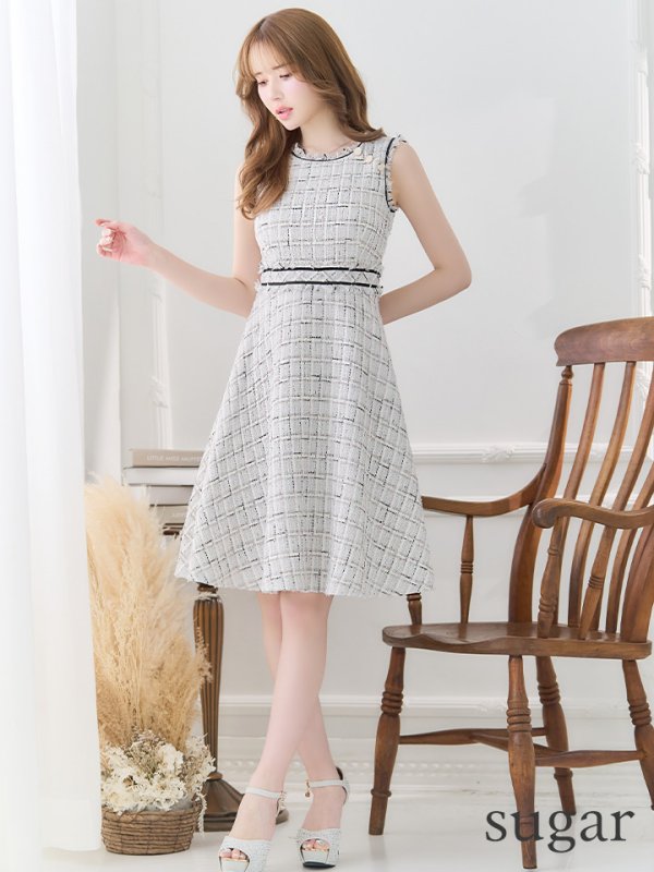 画像7: Lサイズあり【DEA./ディア】スプリングツイード/ フレア/ ミディ丈/ ひざ丈/ ミディアムドレス/ ワンピース/ キャバドレス【OF08】 (7)