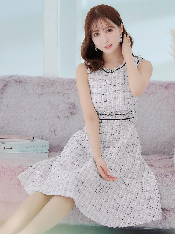 画像14: Lサイズあり【DEA./ディア】スプリングツイード/ フレア/ ミディ丈/ ひざ丈/ ミディアムドレス/ ワンピース/ キャバドレス【OF08】 (14)