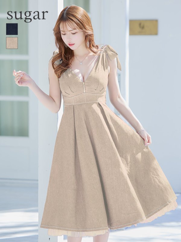 Lサイズあり【DEA.by ROBE de FLEURS/ディアバイローブドフルール】ショルダーリボン/ チュール/ フレア/ Aライン/ ストレッチ/ ミディアム丈/ ワンピース/ キャバドレス　ベージュ