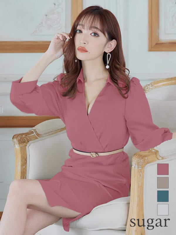 画像22: Lサイズあり【DEA./ディア】サテン/ ロングスリーブ/ 七分袖/ 長袖/ 袖あり/ ベルト付き/ 膝丈/ タイト/ ミディアムドレス/ キャバドレス【OF08】 (22)