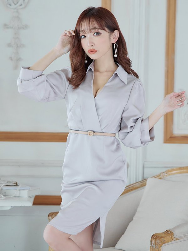 画像8: Lサイズあり【DEA./ディア】サテン/ ロングスリーブ/ 七分袖/ 長袖/ 袖あり/ ベルト付き/ 膝丈/ タイト/ ミディアムドレス/ キャバドレス【OF08】 (8)