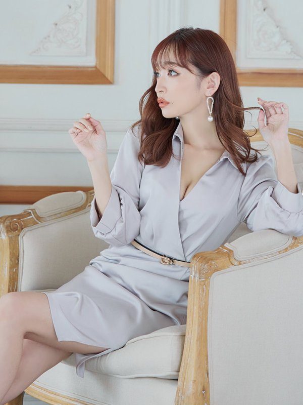 画像9: Lサイズあり【DEA./ディア】サテン/ ロングスリーブ/ 七分袖/ 長袖/ 袖あり/ ベルト付き/ 膝丈/ タイト/ ミディアムドレス/ キャバドレス【OF08】 (9)