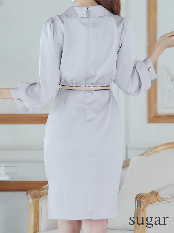 画像15: Lサイズあり【DEA./ディア】サテン/ ロングスリーブ/ 七分袖/ 長袖/ 袖あり/ ベルト付き/ 膝丈/ タイト/ ミディアムドレス/ キャバドレス【OF08】 (15)