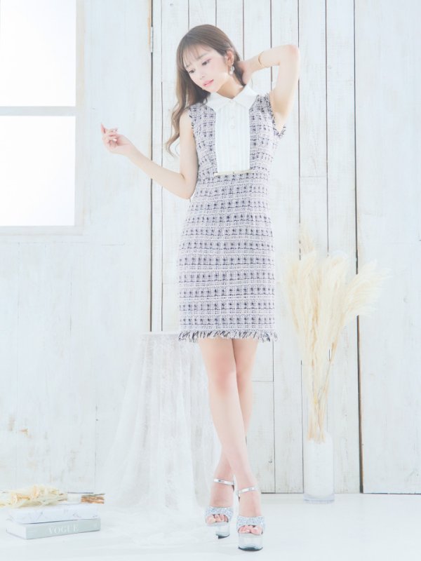 画像6: Lサイズあり【DEA./ディア】襟付き / ツイード/ ノースリーブ/ タイト/ ミニドレス/ キャバドレス【OF08】 (6)