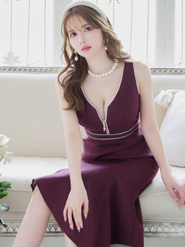 画像2: Lサイズあり【DEA./ディア】アシンメトリー裾/ フロントジッパー/ ノースリーブ/ ミディアム丈/ ミモレ丈/ ミディアムドレス/ キャバドレス【OF08】 (2)