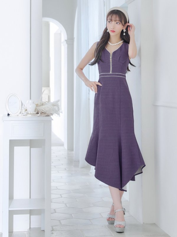 画像2: Lサイズあり【DEA./ディア】アシンメトリー裾/ フロントジッパー/ ノースリーブ/ ミディアム丈/ ミモレ丈/ ミディアムドレス/ キャバドレス【OF08】 (2)