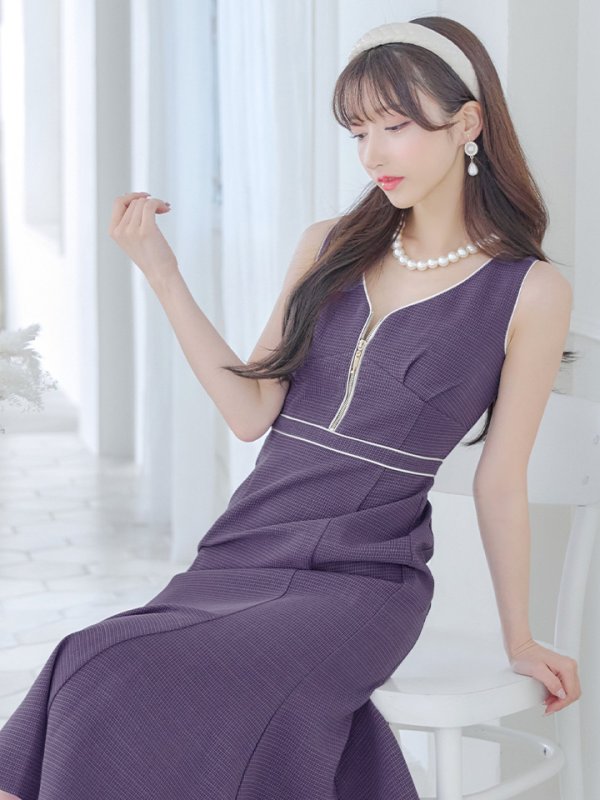 画像5: Lサイズあり【DEA./ディア】アシンメトリー裾/ フロントジッパー/ ノースリーブ/ ミディアム丈/ ミモレ丈/ ミディアムドレス/ キャバドレス【OF08】 (5)