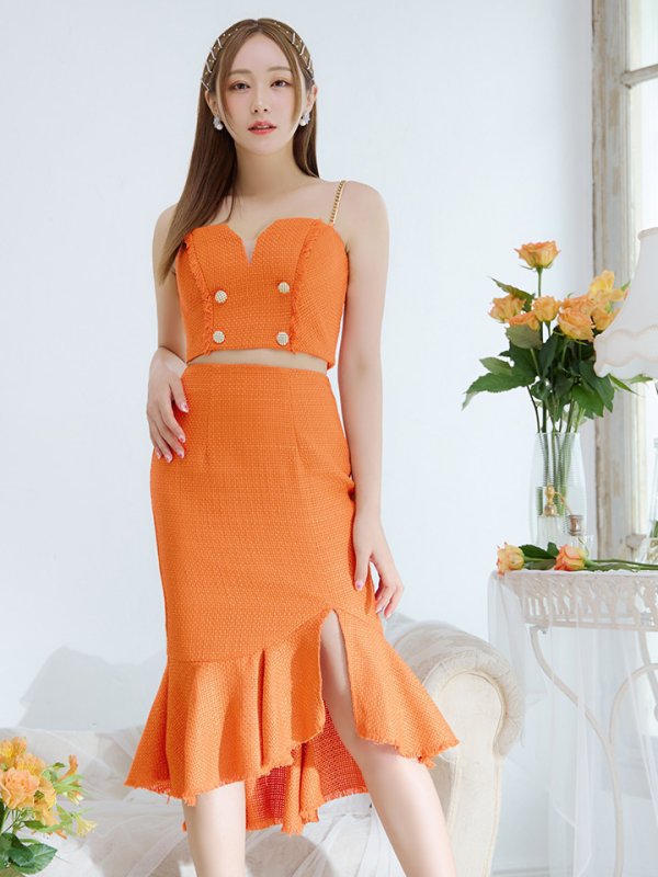 画像2: XSサイズあり【DEA./ディア】ダブルボタン/ ツイード/ フリンジ/ マーメイド/ セットアップ/ ミディアムドレス/ キャバドレス【OF08】 (2)