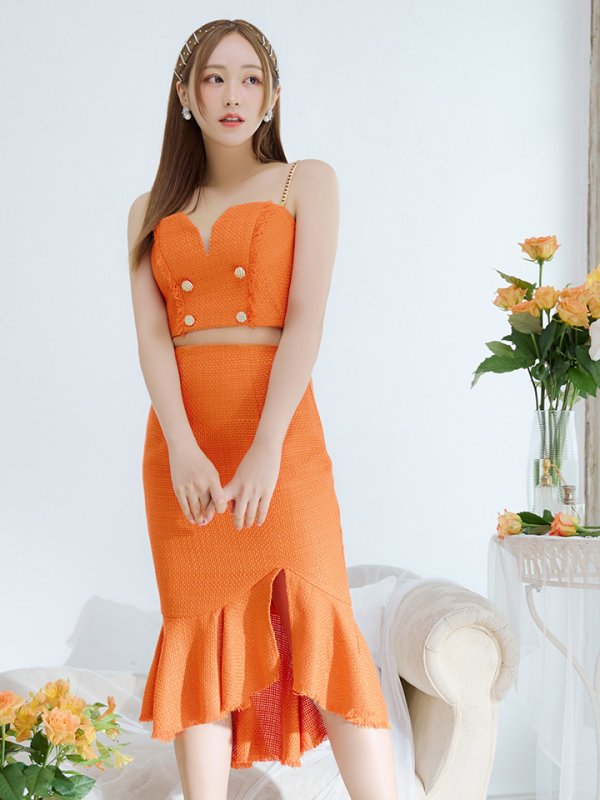 画像3: XSサイズあり【DEA./ディア】ダブルボタン/ ツイード/ フリンジ/ マーメイド/ セットアップ/ ミディアムドレス/ キャバドレス【OF08】 (3)