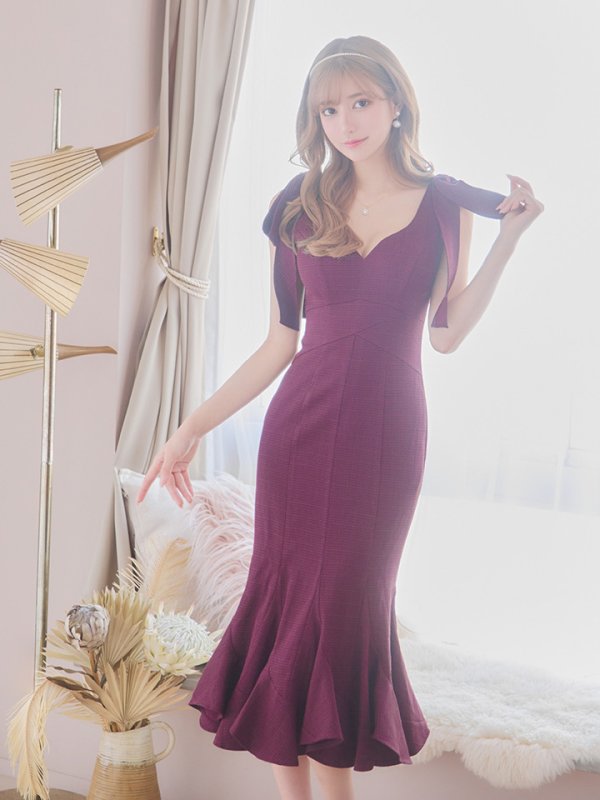 画像2: Lサイズあり【DEA./ディア】ショルダーリボン/ マーメイド/ ノースリーブ/ ワンカラー/ ミモレ丈/ ミディアムドレス/ キャバドレス【OF08】 (2)