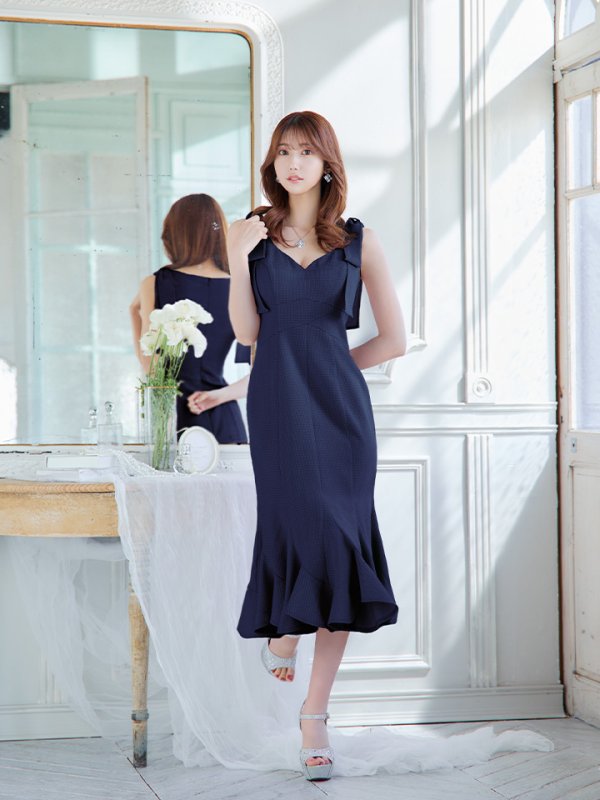 画像2: Lサイズあり【DEA./ディア】ショルダーリボン/ マーメイド/ ノースリーブ/ ワンカラー/ ミモレ丈/ ミディアムドレス/ キャバドレス【OF08】 (2)