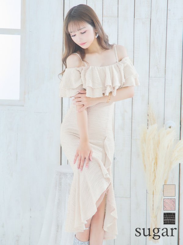 画像1: Lサイズあり【DEA. by ROBE de FLEURS/ディアバイローブドフルール】オフショル/ マーメード/ フリル/ ニット/ ツイード/ ミモレ丈/ ミディアムドレス/ キャバドレス[OF2] (1)