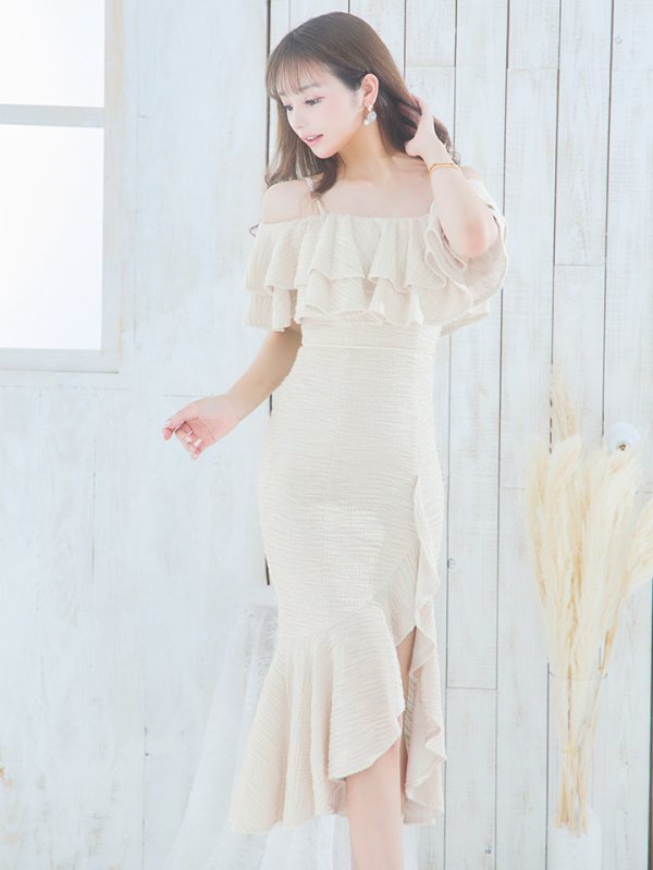 画像2: Lサイズあり【DEA./ディア】オフショル/ マーメード/ フリル/ ニット/ ツイード/ ミモレ丈/ ミディアムドレス/ キャバドレス【OF08】 (2)