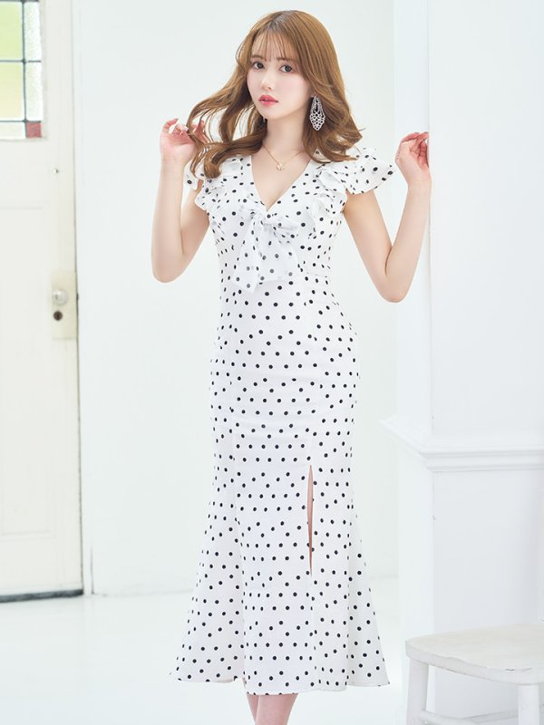 画像2: Lサイズあり【DEA./ディア】フリル/ リボン/ ドット/ マーメイド/ ミモレ丈/ ミディアムドレス/ キャバドレス【OF08】 (2)