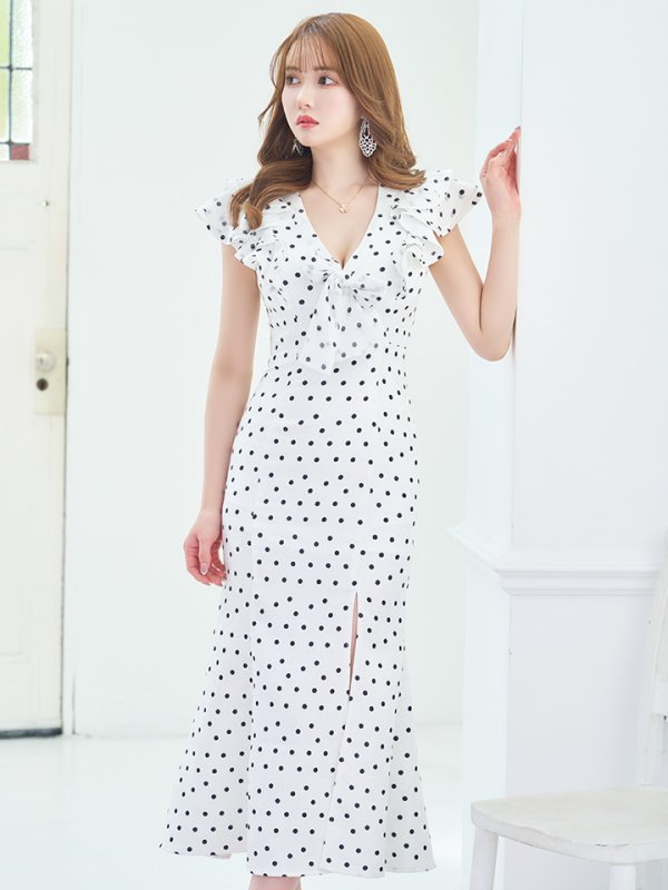 画像4: Lサイズあり【DEA./ディア】フリル/ リボン/ ドット/ マーメイド/ ミモレ丈/ ミディアムドレス/ キャバドレス【OF08】 (4)