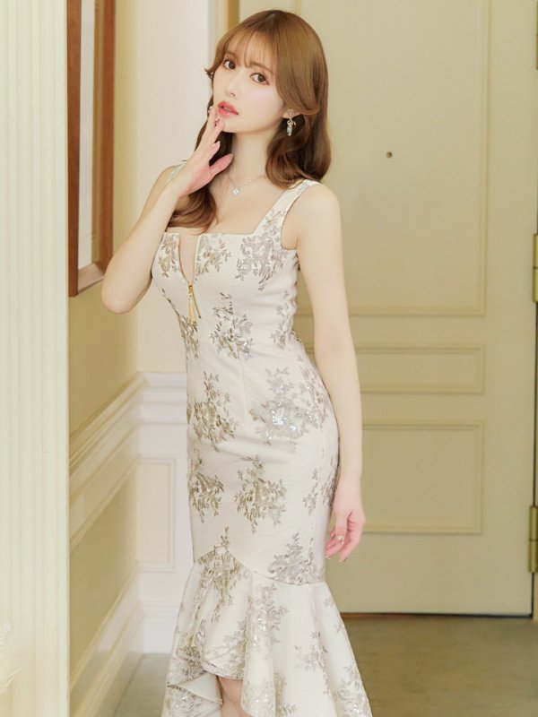 画像7: Lサイズあり【DEA./ディア】マーメイド/ フローラル/ バストジップ/ フリル/ テールカット/ ミディアムドレス/ キャバドレス【OF08】 (7)