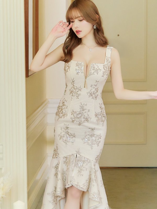 画像9: Lサイズあり【DEA./ディア】マーメイド/ フローラル/ バストジップ/ フリル/ テールカット/ ミディアムドレス/ キャバドレス【OF08】 (9)