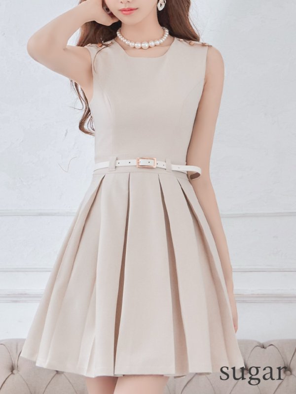 画像20: Lサイズあり【DEA./ディア】ワンカラー/ ノースリーブ/ ベルト付き/ プリーツ/ フレア/ ワンピース/ ミニドレス/ キャバドレス【OF08】 (20)