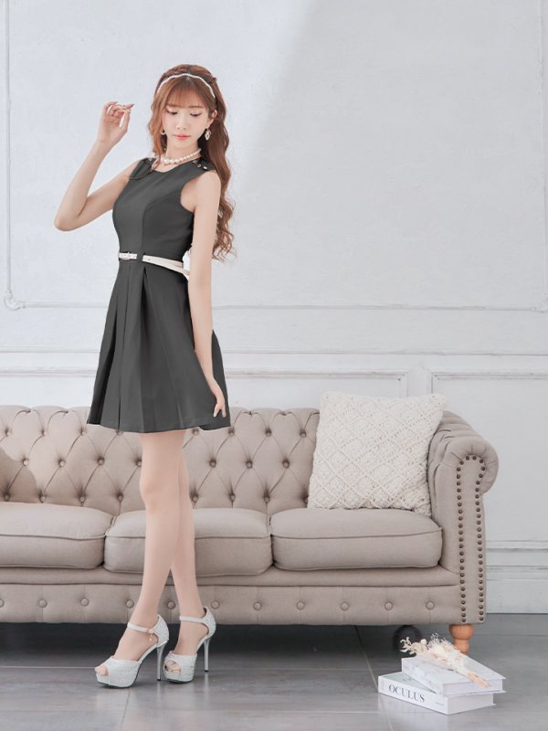 画像11: Lサイズあり【DEA./ディア】ワンカラー/ ノースリーブ/ ベルト付き/ プリーツ/ フレア/ ワンピース/ ミニドレス/ キャバドレス【OF08】 (11)