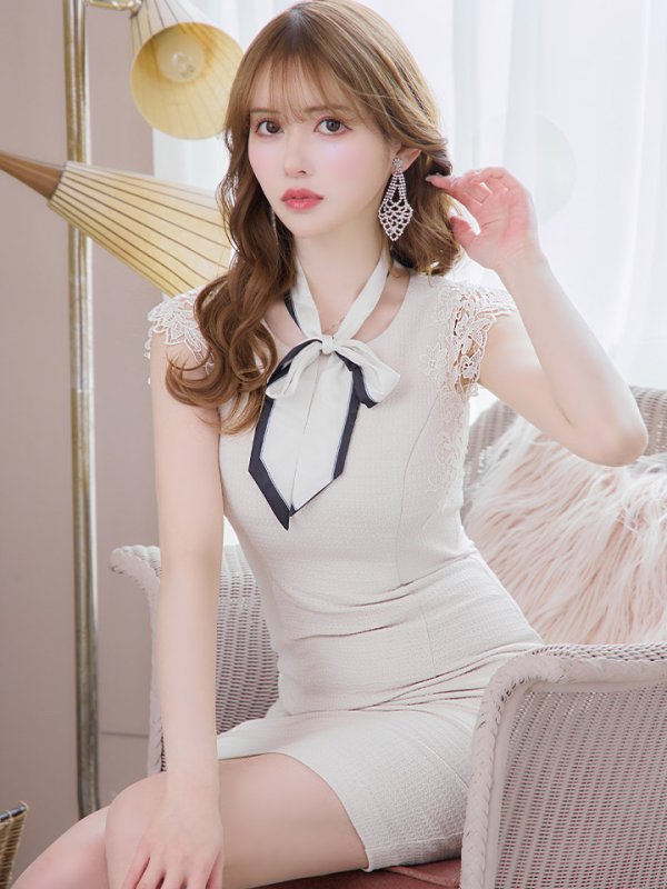 画像2: Lサイズあり【DEA./ディア】スカーフリボン/ ケミカルレース/ シンプル/ ワンカラー/ タイト/ ミニドレス/ キャバドレス【OF08】 (2)