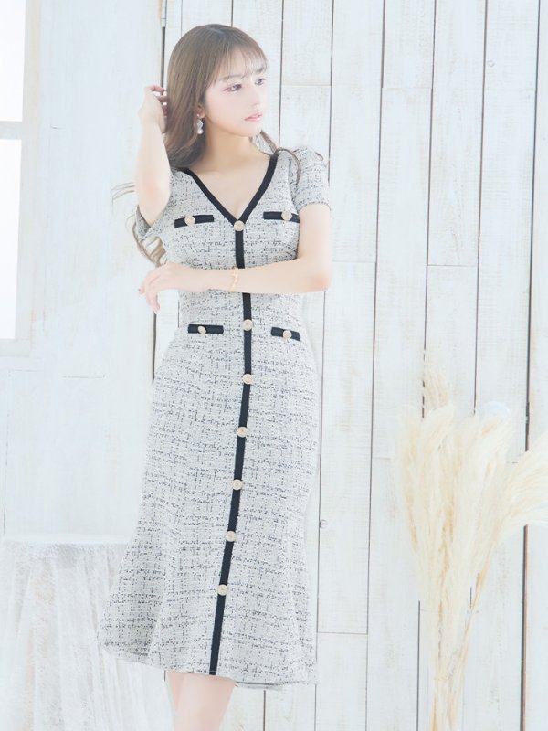 画像4: Lサイズあり【DEA./ディア】ツイードライクニット/ マーメード/ 半袖/ 袖あり/ ミモレ丈/ ミディアムドレス/ キャバドレス【OF08】 (4)