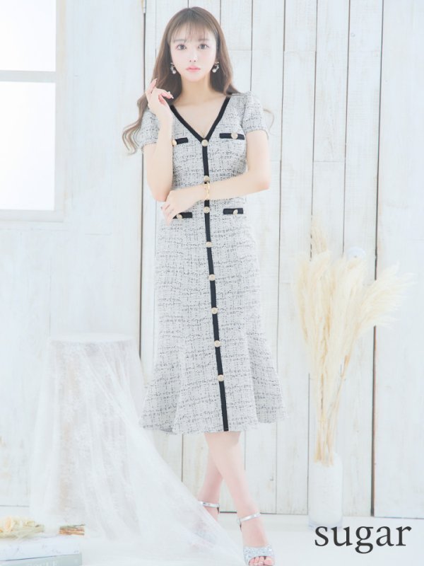 画像7: Lサイズあり【DEA./ディア】ツイードライクニット/ マーメード/ 半袖/ 袖あり/ ミモレ丈/ ミディアムドレス/ キャバドレス【OF08】 (7)