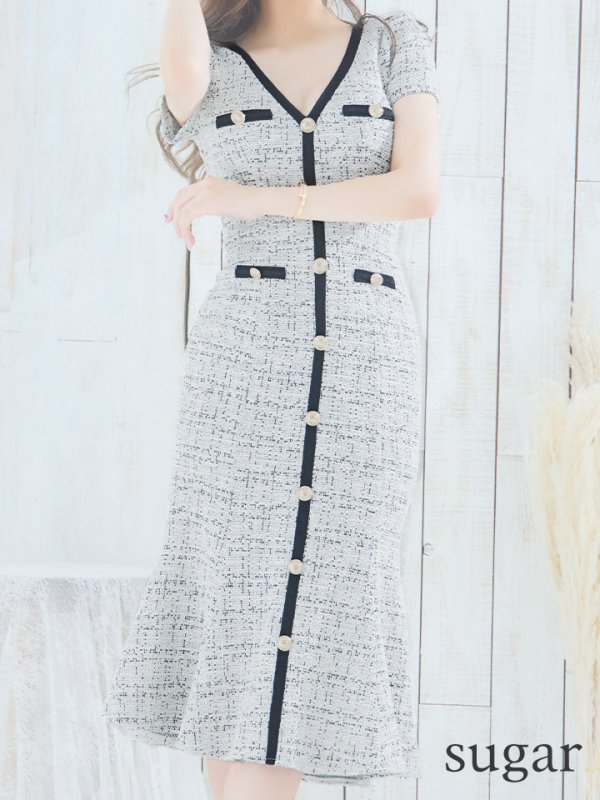 画像9: Lサイズあり【DEA./ディア】ツイードライクニット/ マーメード/ 半袖/ 袖あり/ ミモレ丈/ ミディアムドレス/ キャバドレス【OF08】 (9)