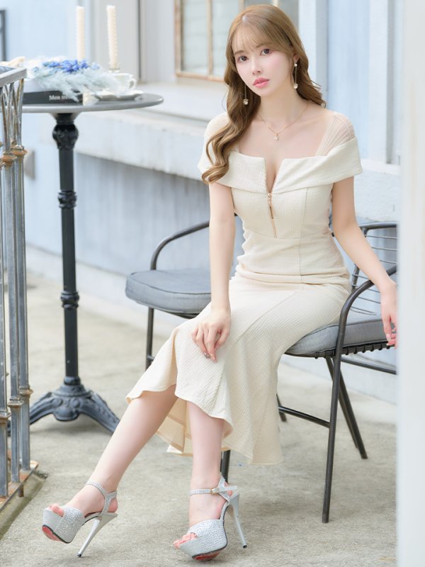 画像3: Lサイズあり【DEA./ディア】オフショルダー/ チュール/ フロントジップ/ マーメイド/ ミモレ丈/ マキシ丈/ ミディアムドレス/ キャバドレス【OF08】 (3)