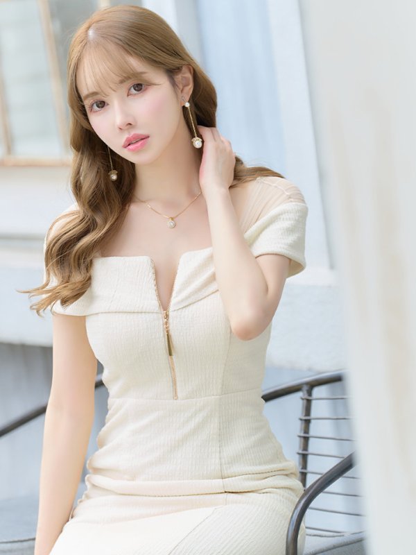 画像4: Lサイズあり【DEA./ディア】オフショルダー/ チュール/ フロントジップ/ マーメイド/ ミモレ丈/ マキシ丈/ ミディアムドレス/ キャバドレス【OF08】 (4)