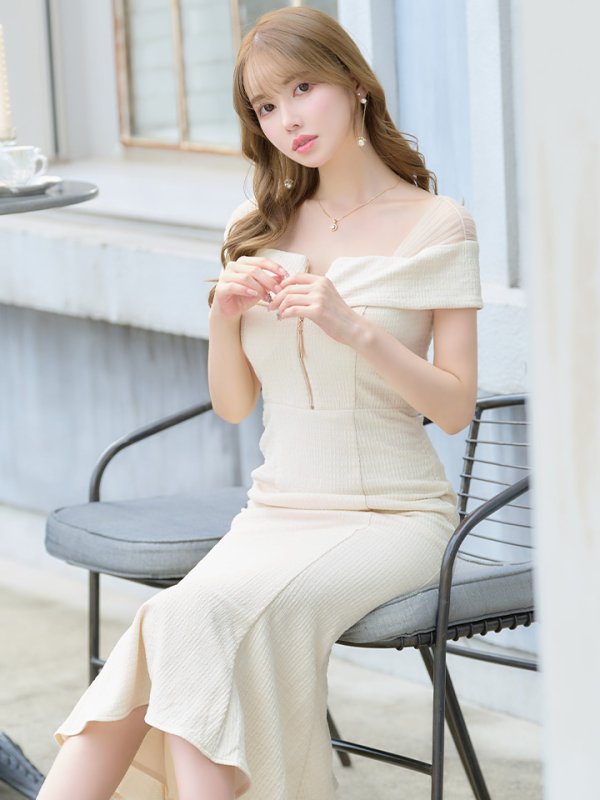 画像6: Lサイズあり【DEA./ディア】オフショルダー/ チュール/ フロントジップ/ マーメイド/ ミモレ丈/ マキシ丈/ ミディアムドレス/ キャバドレス【OF08】 (6)