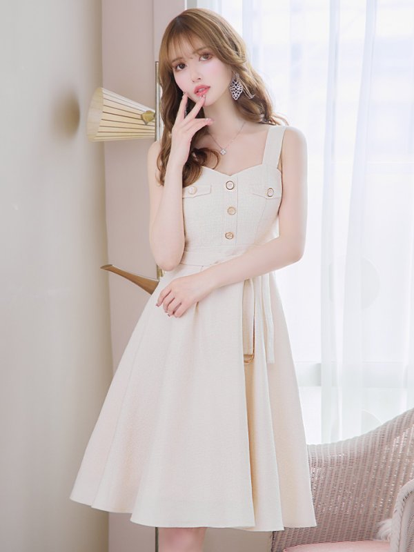 画像2: Lサイズあり【DEA./ディア】サマーツイード/ ビスチェ/ ノースリーブ/ ベルト付き/ 膝丈/ フレア/ ワンピース/ ミディアムドレス/ キャバドレス【OF08】 (2)