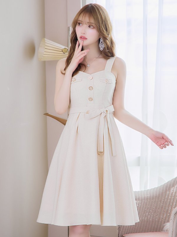 画像4: Lサイズあり【DEA./ディア】サマーツイード/ ビスチェ/ ノースリーブ/ ベルト付き/ 膝丈/ フレア/ ワンピース/ ミディアムドレス/ キャバドレス【OF08】 (4)
