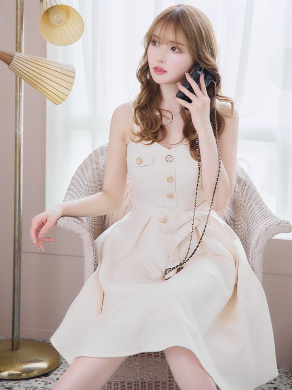 画像6: Lサイズあり【DEA./ディア】サマーツイード/ ビスチェ/ ノースリーブ/ ベルト付き/ 膝丈/ フレア/ ワンピース/ ミディアムドレス/ キャバドレス【OF08】 (6)